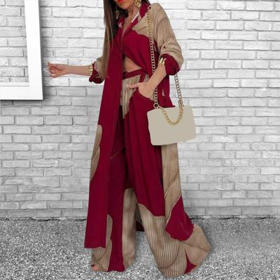 Yousheng Women V-neck Patchwork Printed Top And Pants Suit Contrasting Color Commuting Set Wide-leg Trousers And Extra-length Top Loose Fit Outfit