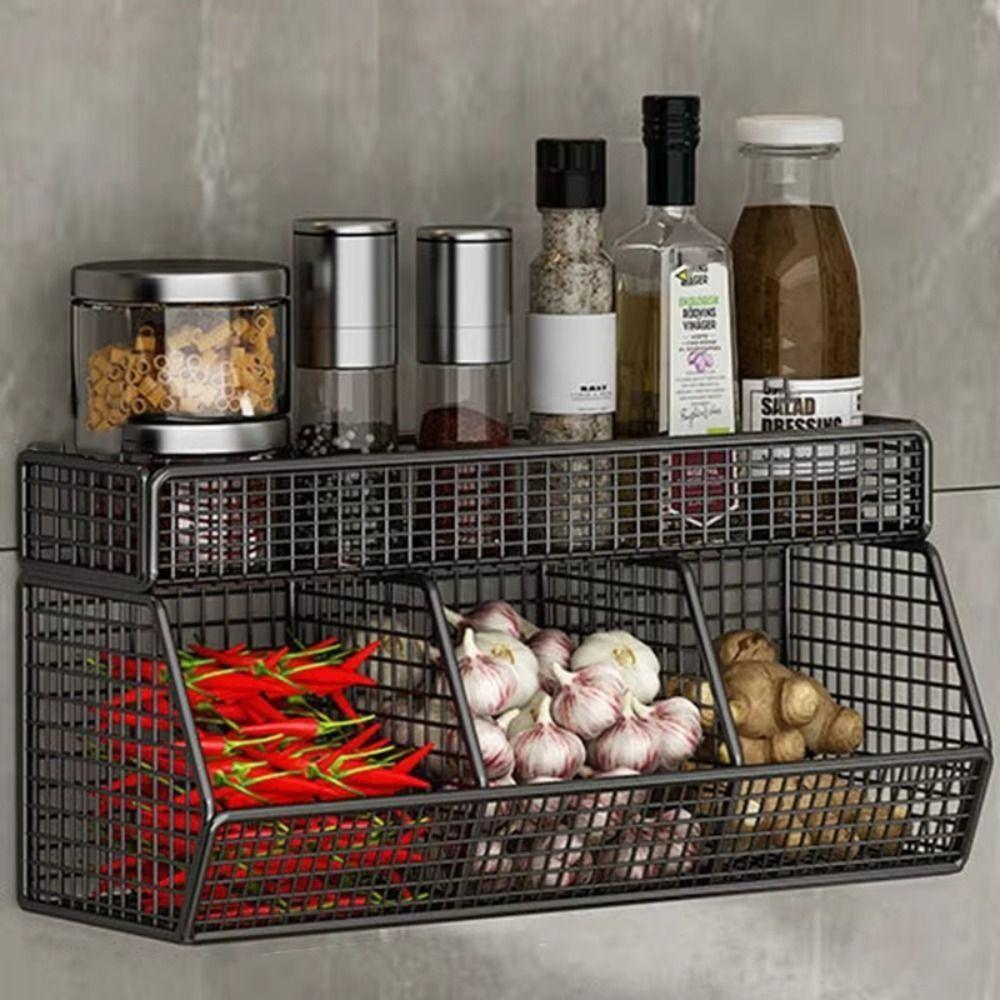 Wall Mounted Hanging Fruits Basket Double Layer Onion Storage Wire Basket  for Garlic