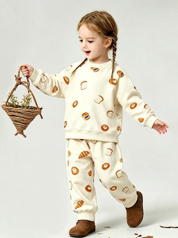 Warm Fleece Lined Baby Clothes Set Cute Round Neck Sweatshirt + Pant Kids Boy Girl Clothing