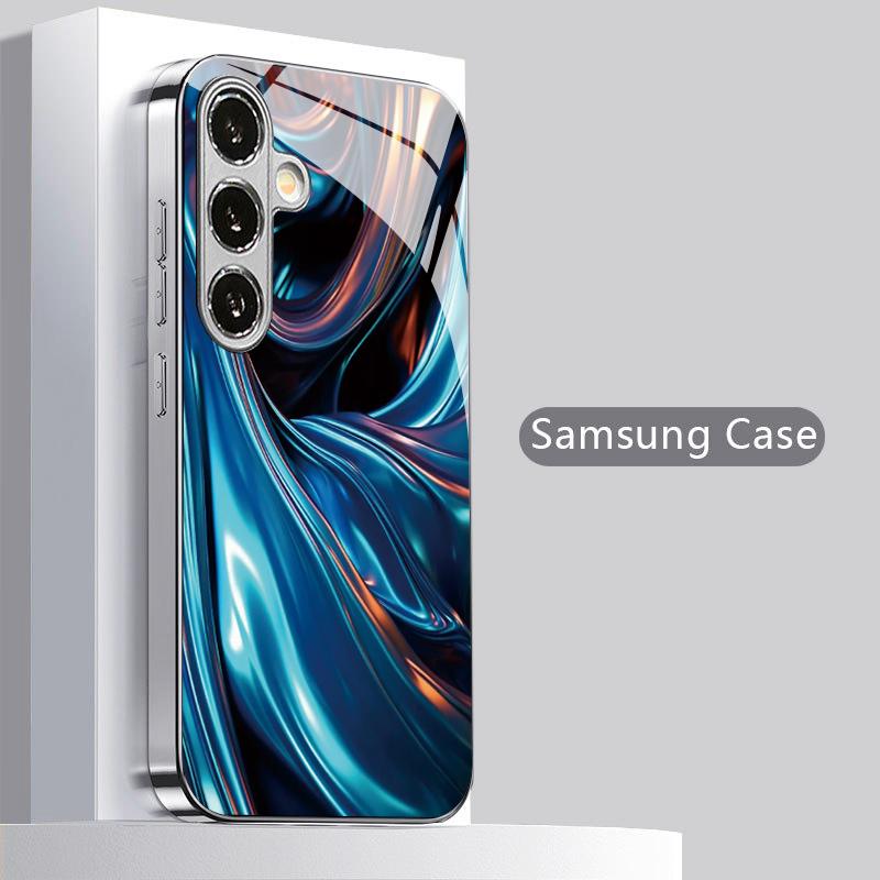 Blue Chrome Fluid Pattern 2D Phone Case for Samsung S26 S25 S24 S23 S22 S21 S20 A56 A36 A16 Electroplated Glass Protective Cover