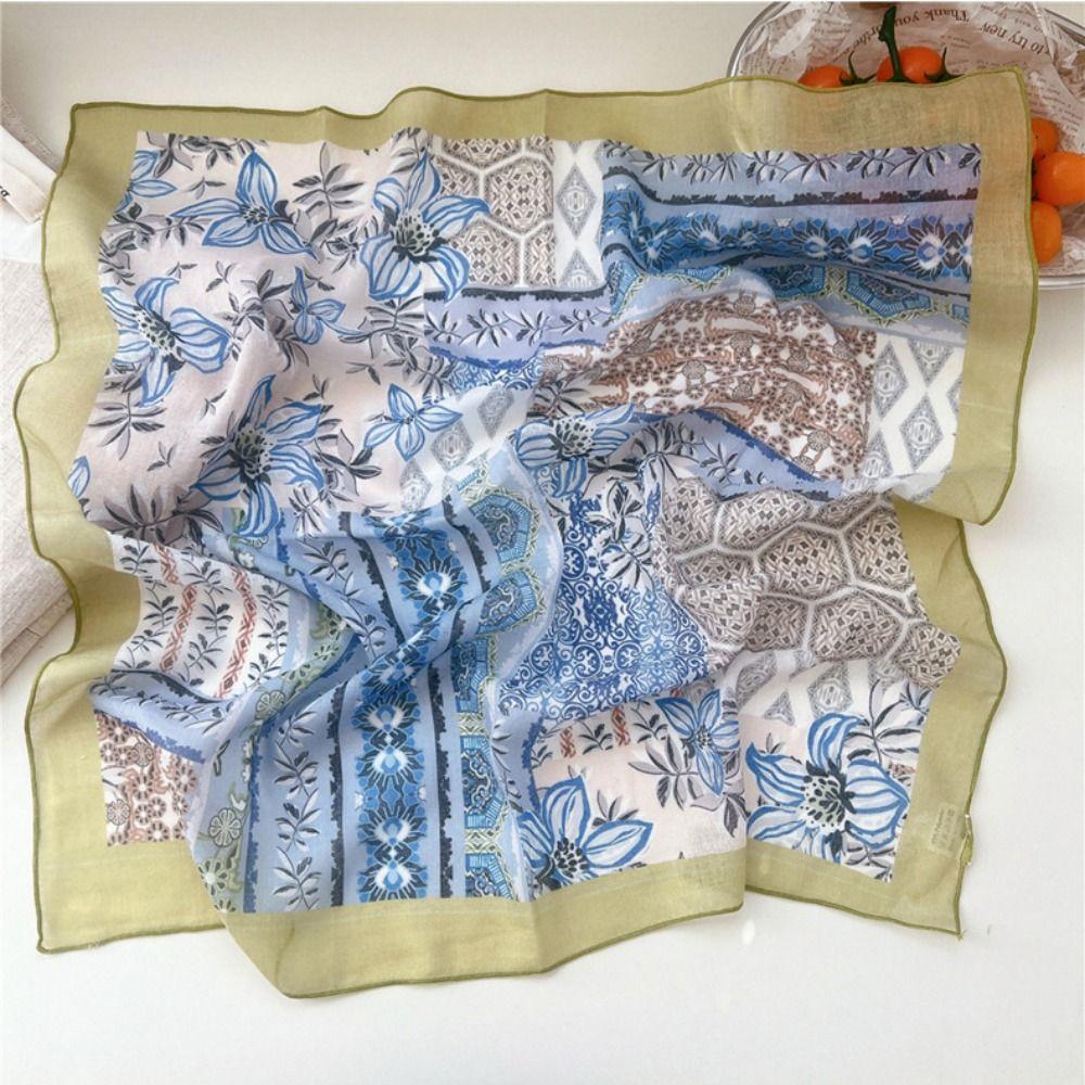 Floral Small Square Scarf Flower Printed Silk Scarf Cotton Linen Print Scarves  Scarf Accessories