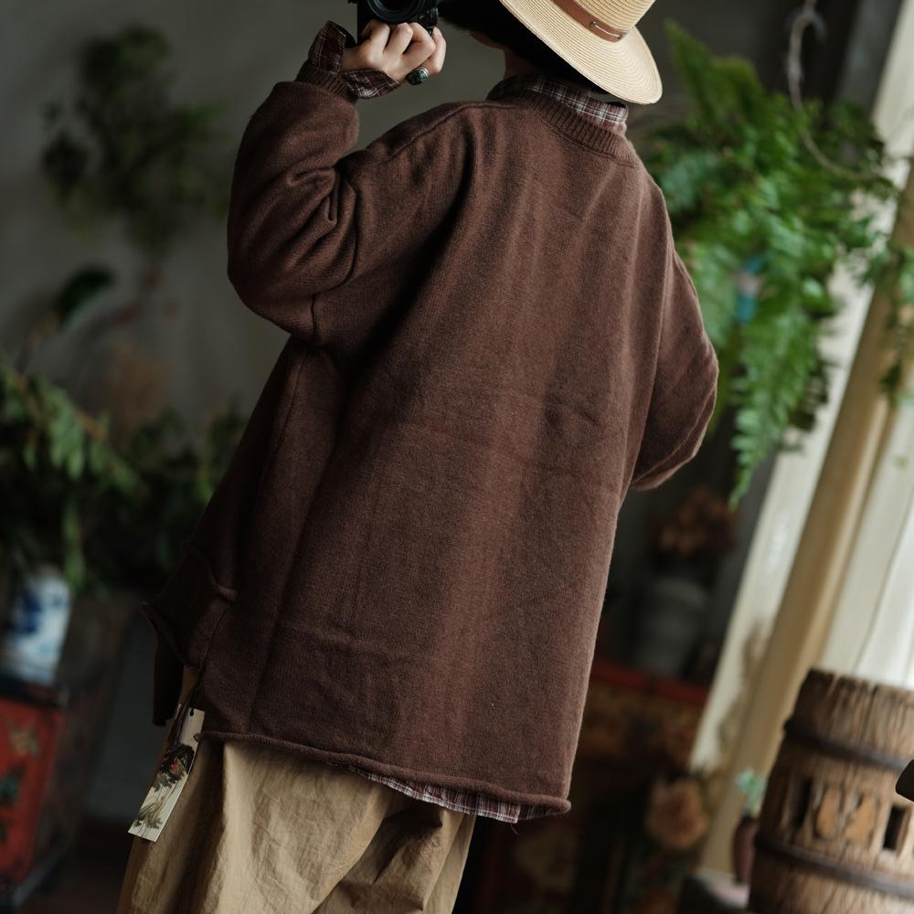 Johnature Women Vintage Pullover Sweaters Solid Color Irregular Patchwork O-Neck Long Sleeve Knitted Autumn Winter Sweaters