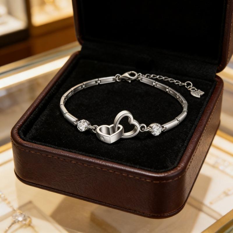 925Sterling Silver Double Heart Bracelet Set with Artificial Gemstones, Elegant and Fashionable Women's Jewelry, Valentine's Day and Mother's Day