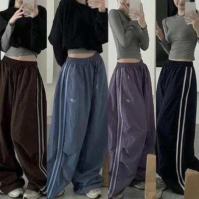 Y2K moteriški gatvės Harajuku plataus kirpimo retro laisvi raišteliais dryžuoti sportinės kelnės