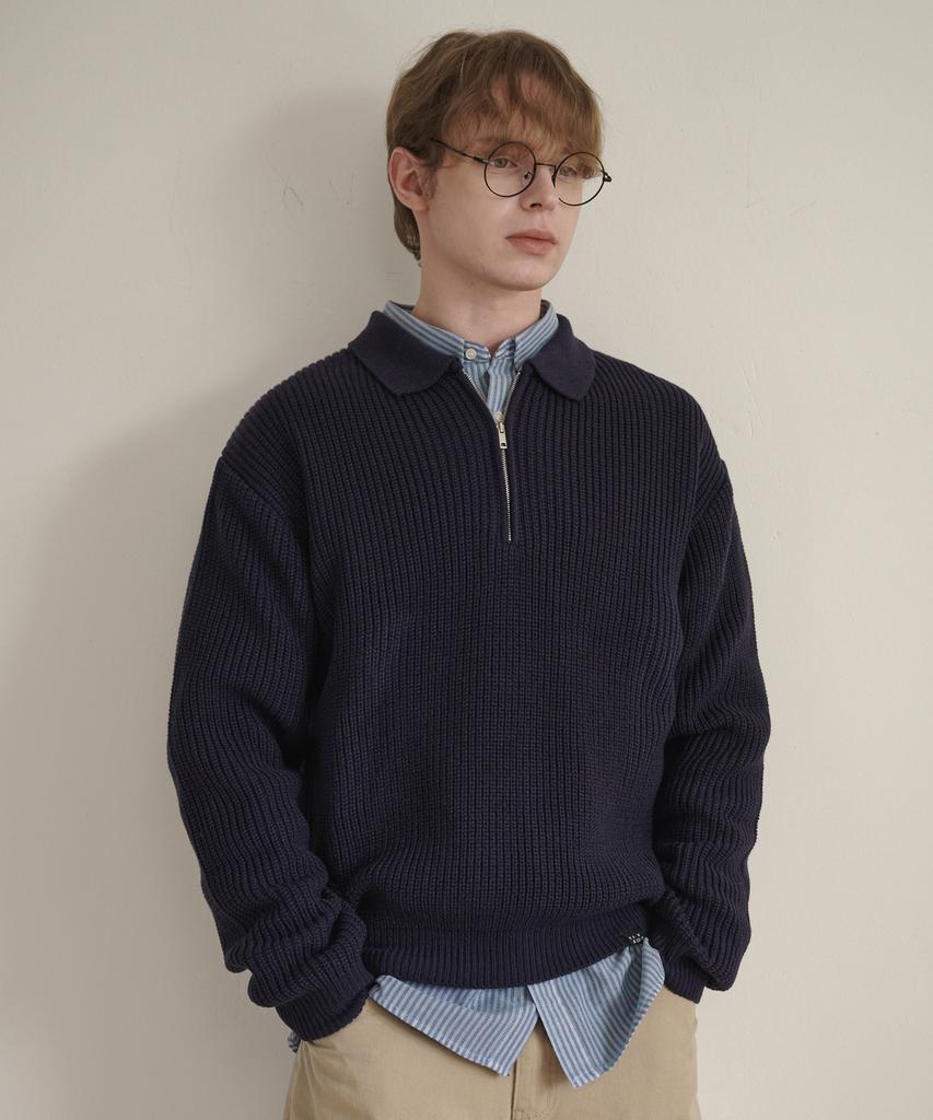 ESN Punched Collar Neck Half-Zip Knit Navy