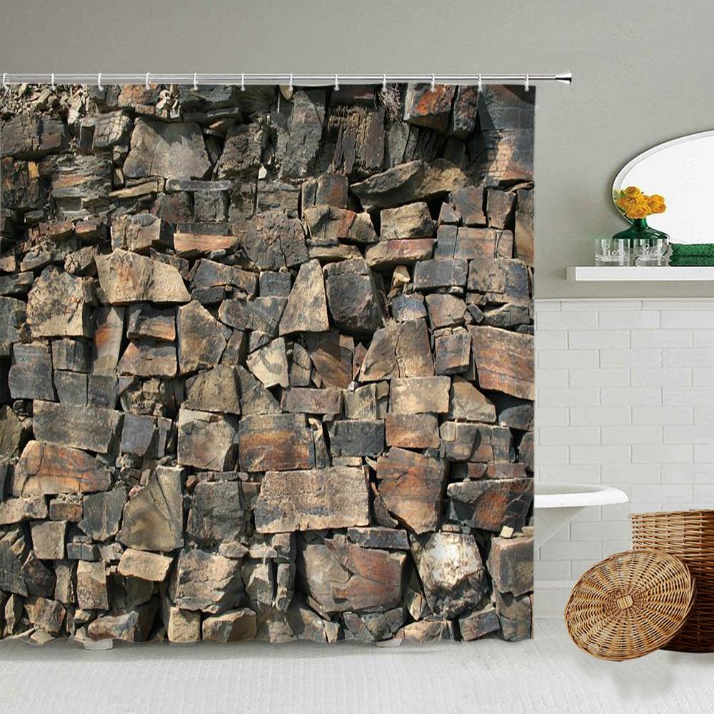 Stone Brick Wall Shower Curtain,Ivy Green Leaves Climbing On Rustic Marble Rocks Stone Wall Fabric Bathroom Shower Curtains