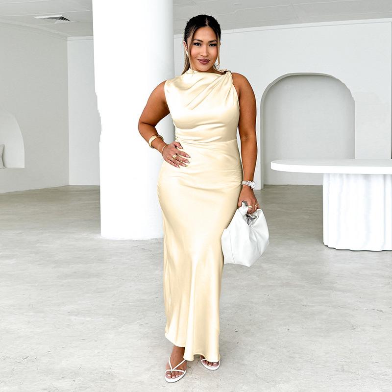 Summer new design temperament sexy slim slanted shoulder fishtail satin dress women S