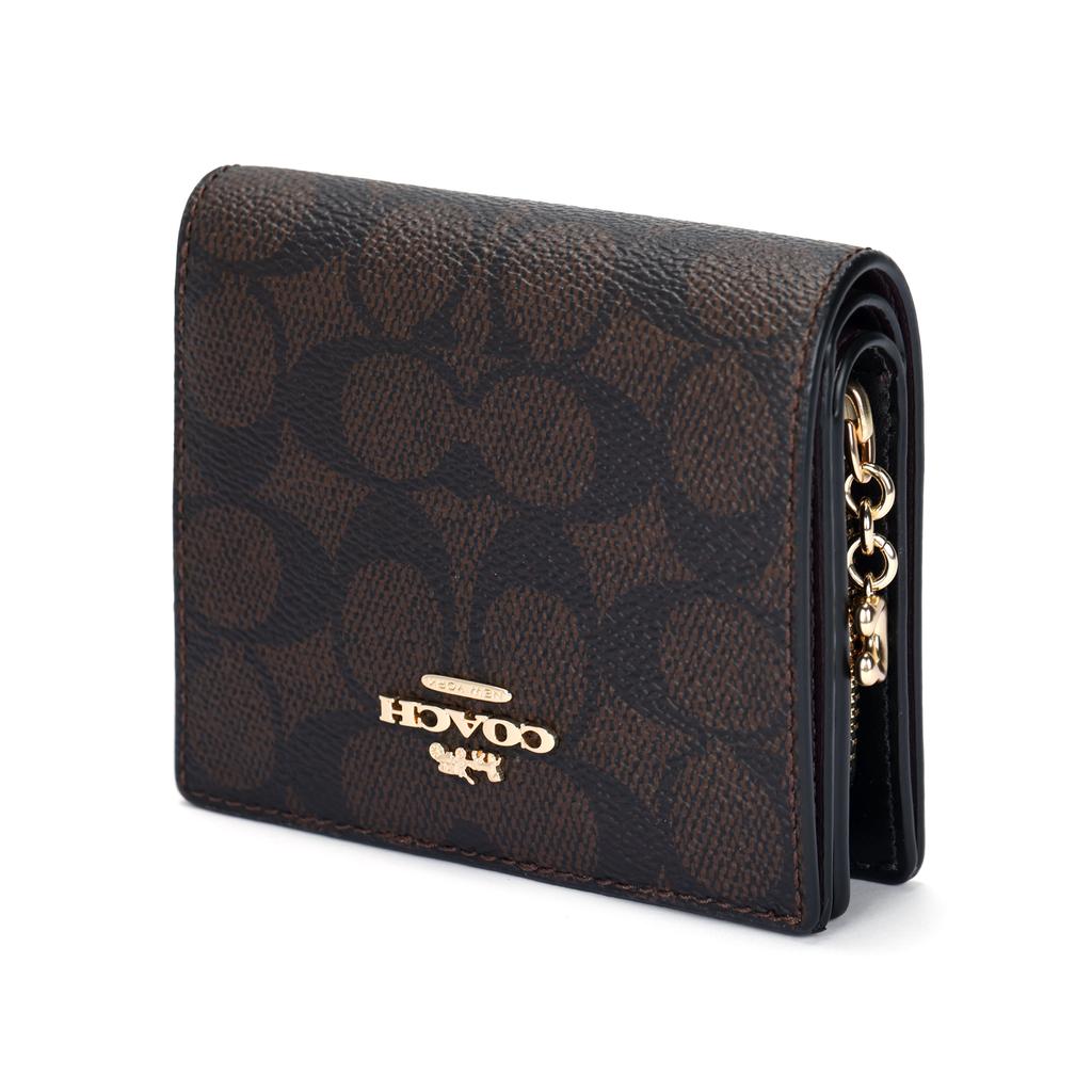 Coach Snap 11 Gold Logo Button Closure Coated Canvas Wallet Women wallet Walnut Black CW789-IMXAQ