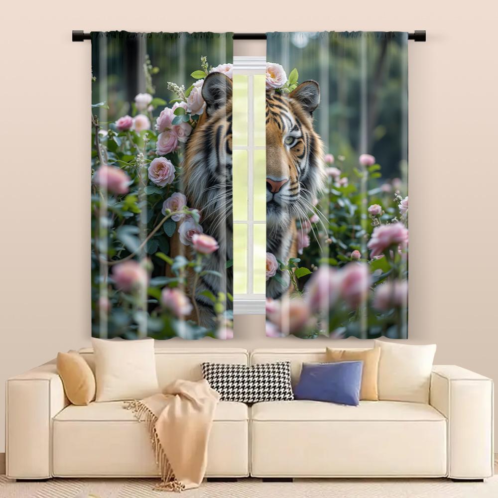 2 Pcs, Filtering Curtains (excluding Rods, Non-movable, Without Batteries) Flower Tiger for Use In Bedrooms and Living Rooms