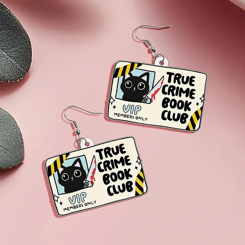 Cross-border new business card earrings, quirky cartoon design with black cat and blood splatter, flat acrylic earrings.