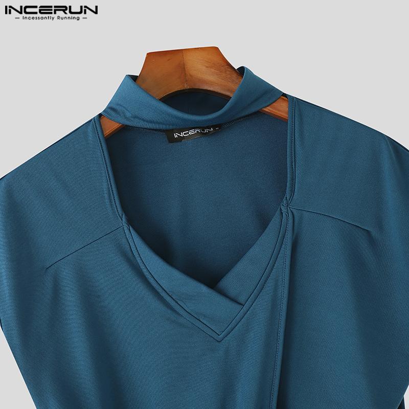 INCERUN Summer Men Short Sleeve Cutout Front Cross Splits Casual Slim T-shirts