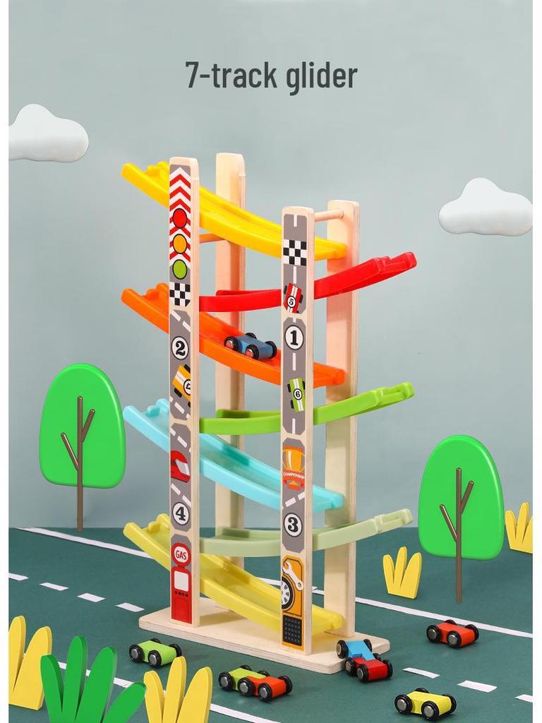Children's Wooden Multi-Layer Racing Track Toy with Inertial Glider Cars