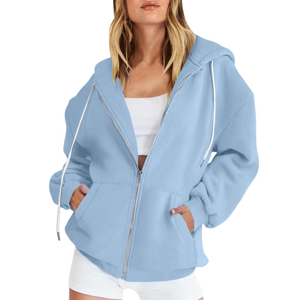 Women's Fashion Hooded Top Zip Drawstring Pocket Padded Long Sleeve Casual Sweatshirt