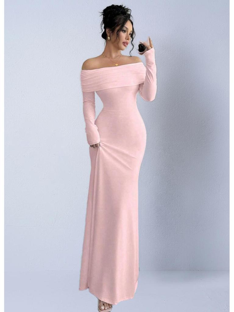 European & American Spring Satin Silk Off-Shoulder Stretch Dress