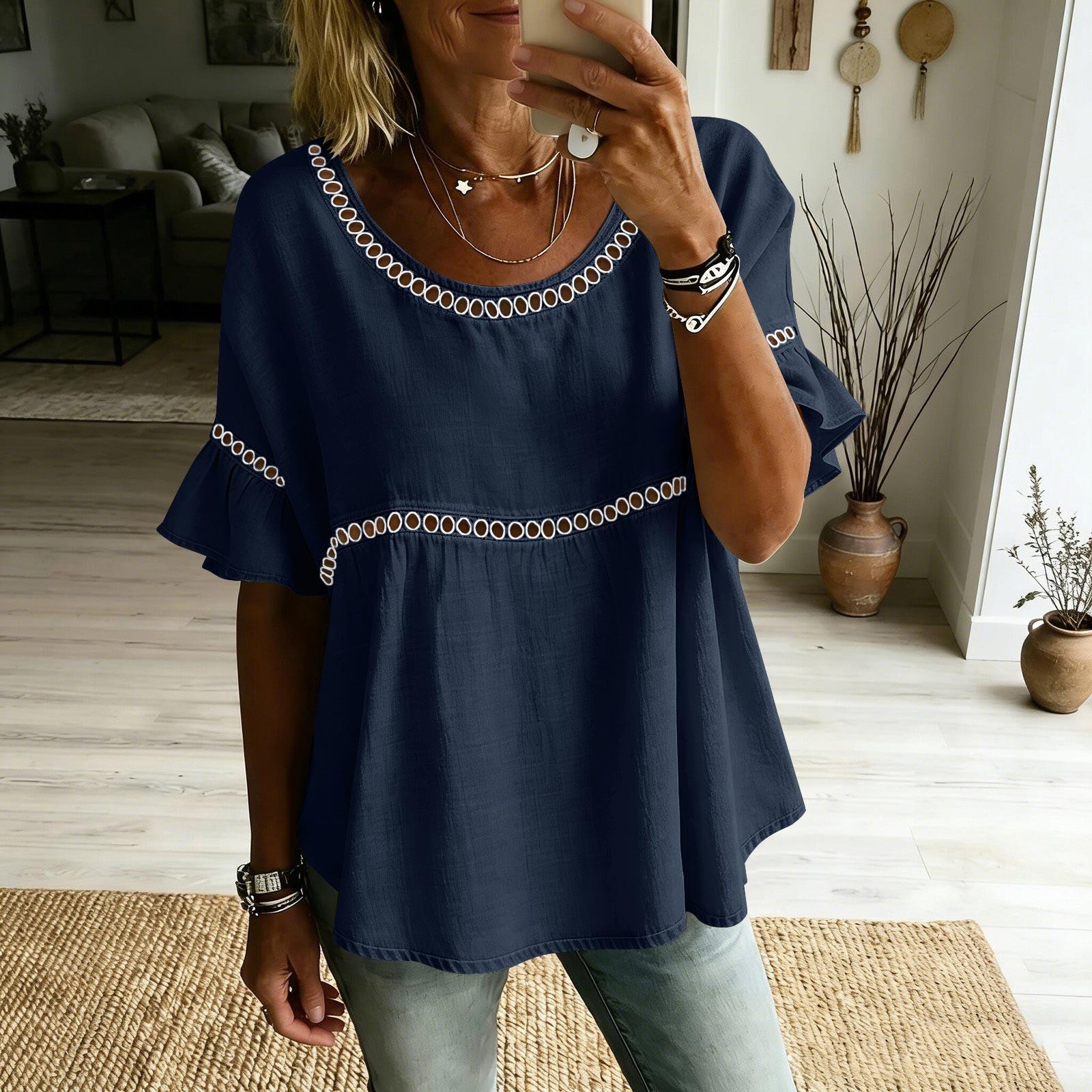 

Women Loose Fit Short Sleeve Blouse Round Neck Ruffle Hem Casual Vacation Top Lightweight Comfortable Summer Shirt S тёмно-синий