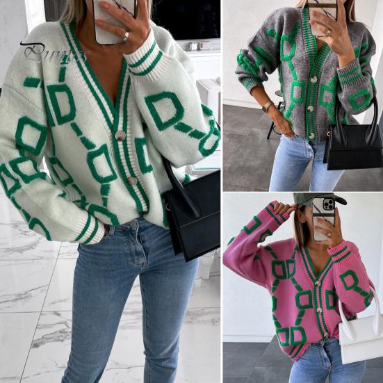 Cardigan V Neck Long Sleeve Ribbed Trim Knitted Coat Autumn Knit Winter Striped Pattern Buttons Placket Loose Sweater Outerwear Women Knitwear