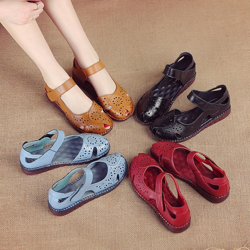 Leather new summer fish mouth women's sandals hollow hole soft sole comfortable flat bottom breathable women's shoes non-slip