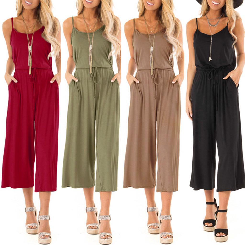 Women Casual O Neck High Waisted Wide Playsuits Beach Jumpsuit with Pockets Women Casual O Neck High Waisted Wide Playsuits Beach Jumpsuit with Pockets