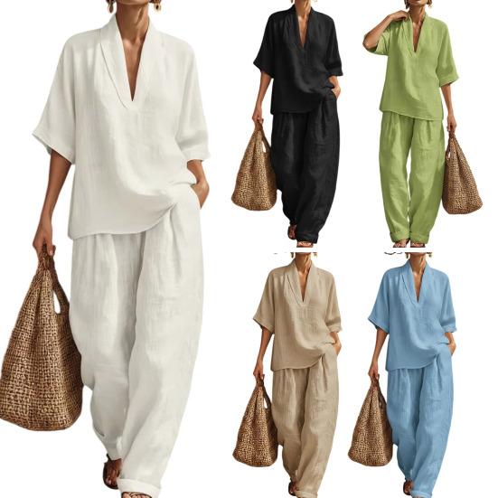 Completi Estivi da Relax a 2 Pezzi per Donna con Scollo a V, Manica Corta e Pantaloni a Gamba Larga, Set Casual per Viaggi e Vacanze