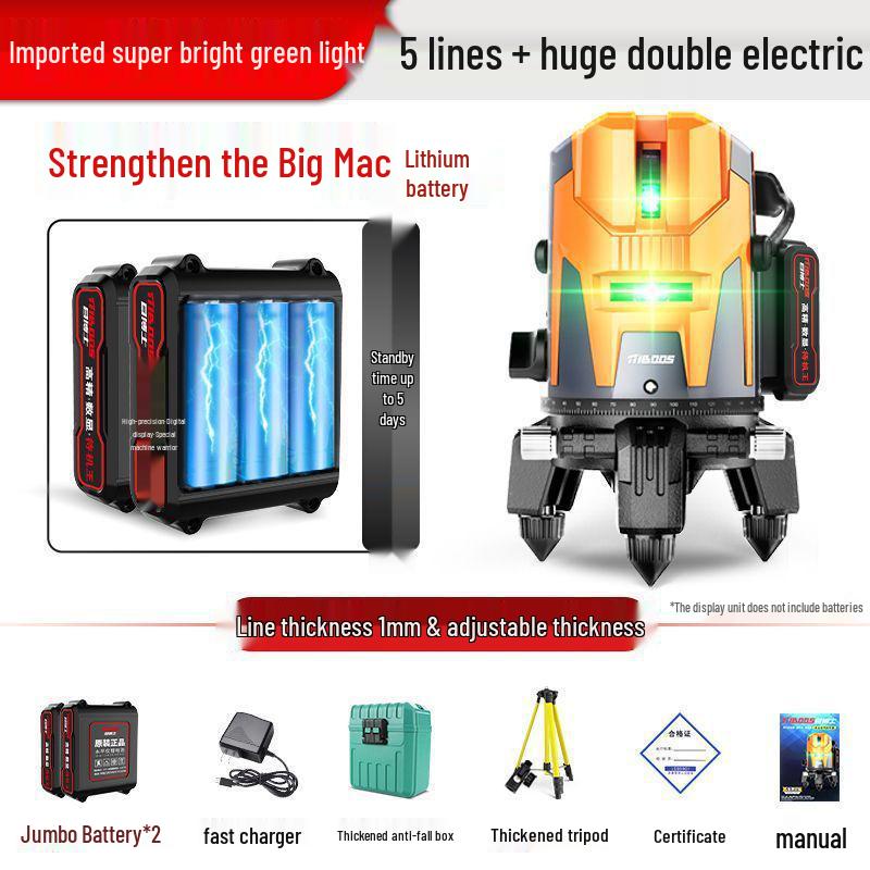 Vysoce přesná infračervená 5-liniová laserová vodováha pro stěnu a podlahu, samonivelační, zelené světlo, pro venkovní použití