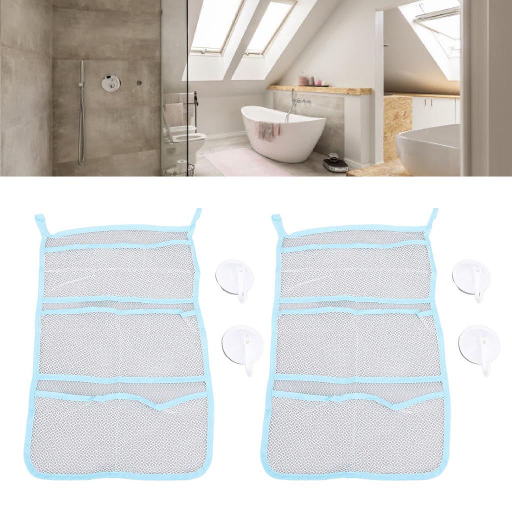 2 Set Bathroom Toiletries Storage Mesh Bag Hanging Net with Multi Pockets Suction Cup