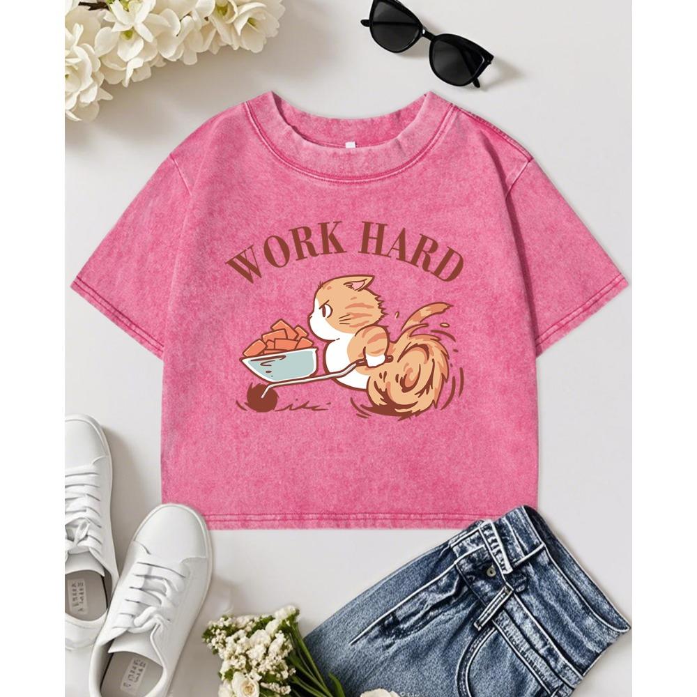 Work Hard Fighting Cat Cartoons Printing Women Washed Tops Summer T-Shirt O-Neck Slim T Shirts Soft Fitness Streetwear