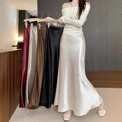 High Waist Acetate Satin Fishtail A-Line Skirt for Women