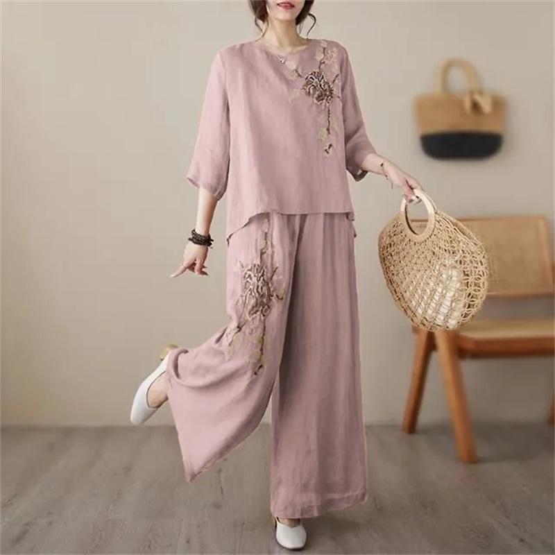 Damen Mode Baumwolle Leinen Bluse Koreanische Frauen Stickerei Zweiteiliger Anzug Sommer Damen Große Größe Weite Hosen