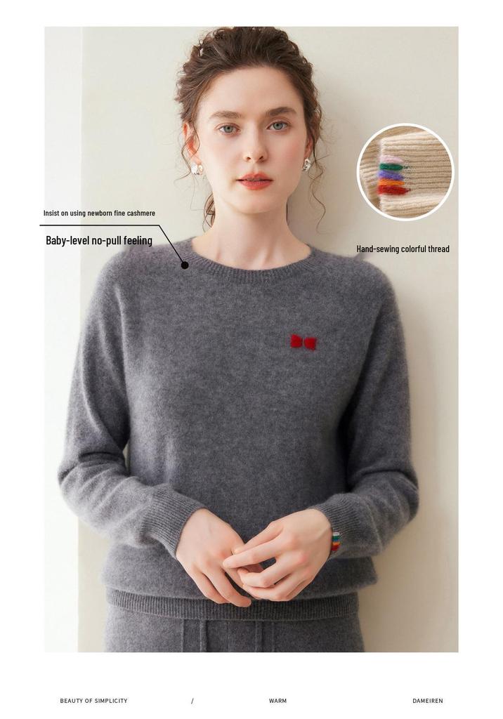 Women's 100% Pure Cashmere Knit Long Sleeve Sweater - Soft & Loose Fit for Autumn and Winter.