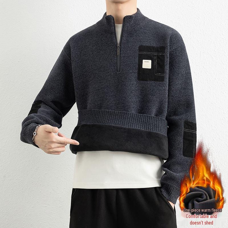 

KM1334 Men s Woolen Zipper Sweater with Stand-Up Collar - Winter Base Layer Fleece Knitwear 4XL (90-100 kg) темно-сірий