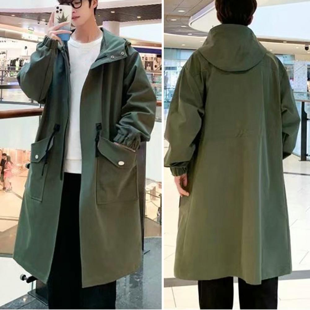 Cappotto Trench da Uomo Primaverile Autunnale con Cappuccio Largo Plus Giacca a Vento da Uomo Streetwear Cappotto con Cappuccio Tasche Grandi Antivento Lunghezza Media Tinta Unita per Uomo