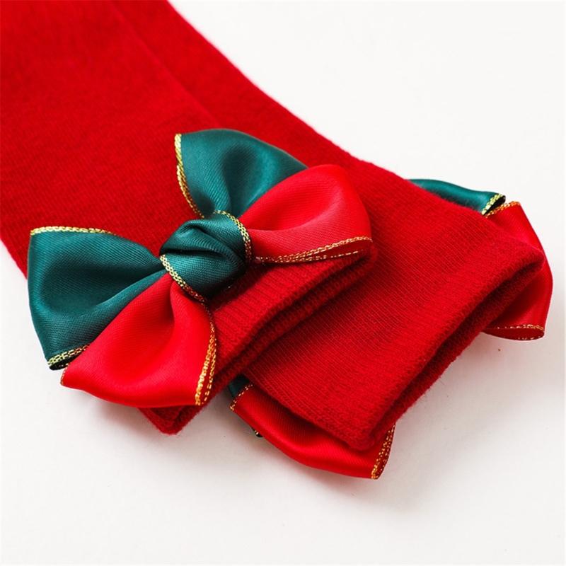 2 Paar Klassische Kniehohe Socken Weihnachten Thema Socken mit Schleifchen Dekoration für Baby Mädchen 2024 Neujahrsgeschenk
