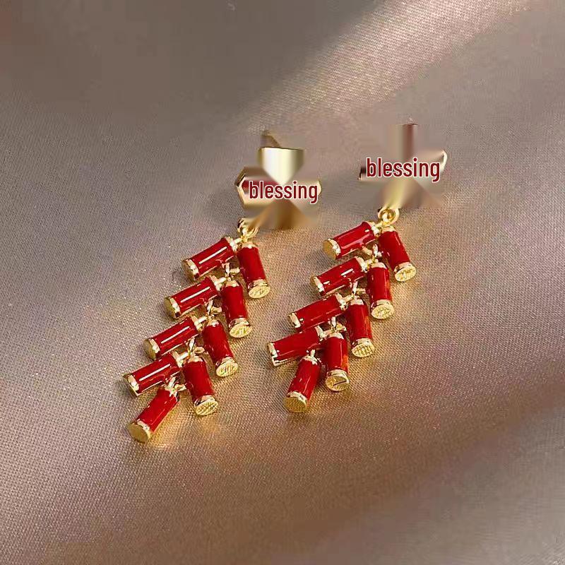 Red Fu Character Firecracker Tassel Earrings: Unique, Sweet, Festive Chinese Style Jewelry for Women