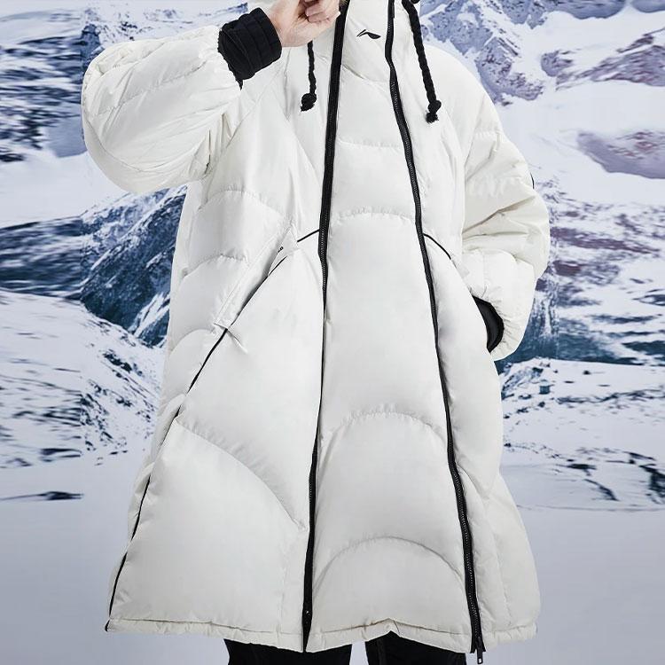 Li Ning CF Wu Xing Series Logo Casual Warm Long Hooded Down Jacket Unisex Outerwear Off-White Black AYMR537-1