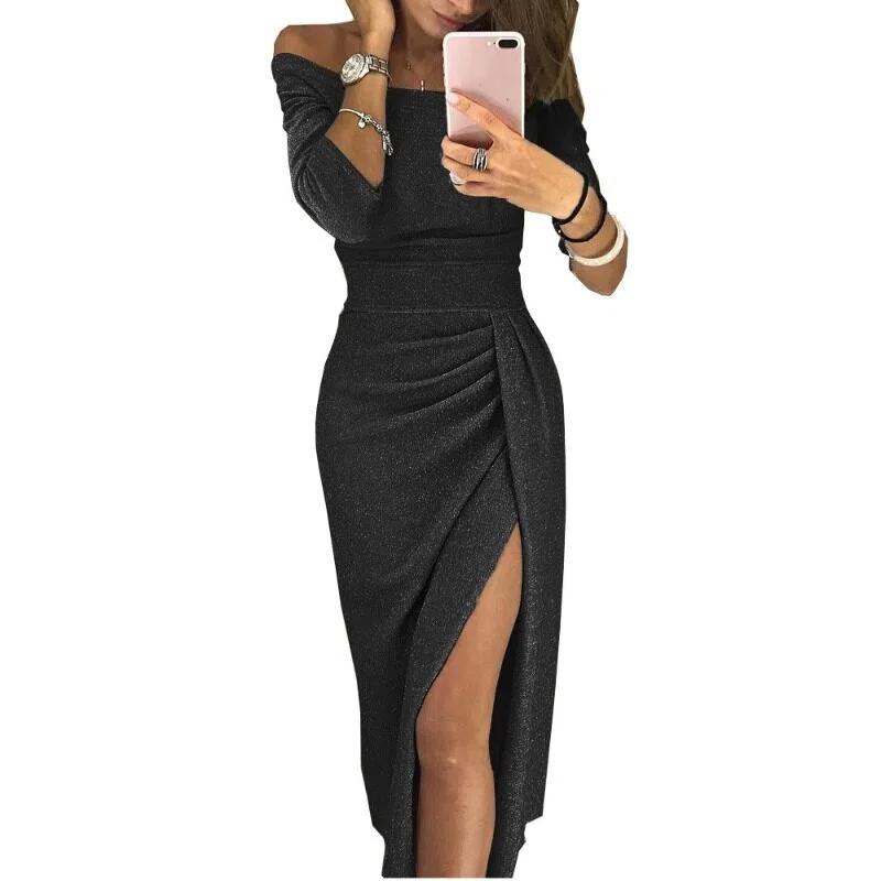 Spring Autumn One Word Collar Elegant Shiny Slit Bodycon Robe Women Long Sleeve Waist Evening Dresses Vestidos