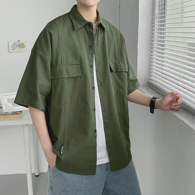 Herr Trendig Militärgrön Kortärmad Arbetsklädskjorta - Japanskt Inspirerad Lös Passform, High-End och Stilren.