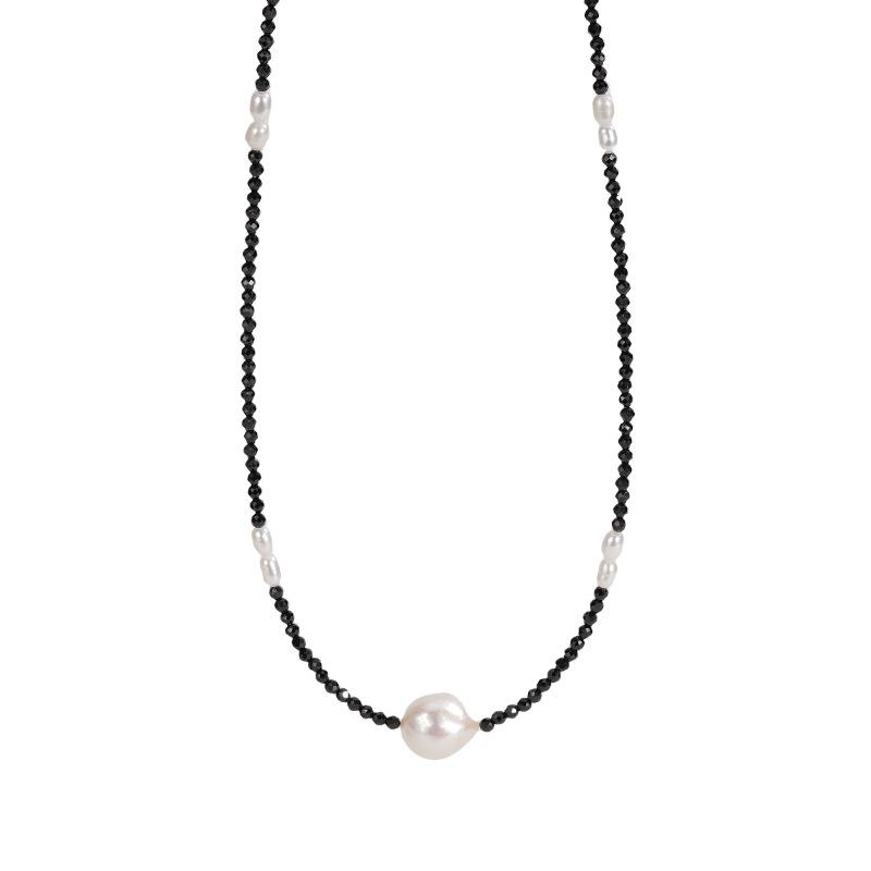 S925 silver Korean version niche design freshwater pearl fashionable INS wind necklace black pointed crystal simple retro collarbone chain