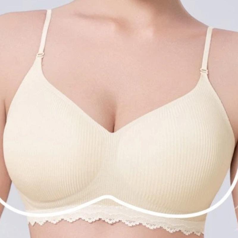 Pink Ribbed Wireless Bra with Lace Trim and 2cm Padded Cups