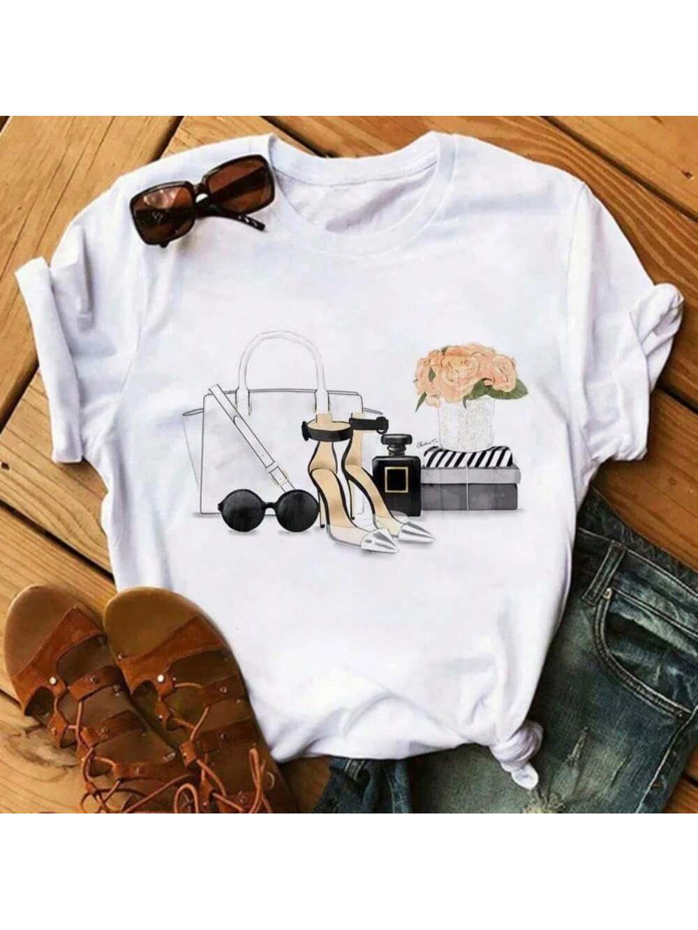 

Женская футболка Maycaur с принтом сумочки и розовых туфель на высоком каблуке, в стиле хипстер, Харадзюку, Каваи, с коротким рукавом S