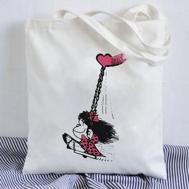Kawaii Shopping Bag Mafalda Cute Anime Harajuku Canvas Bag Tote Bag Lady Handbag Large Capacity Shopper Bag Casual Shoulder Bag