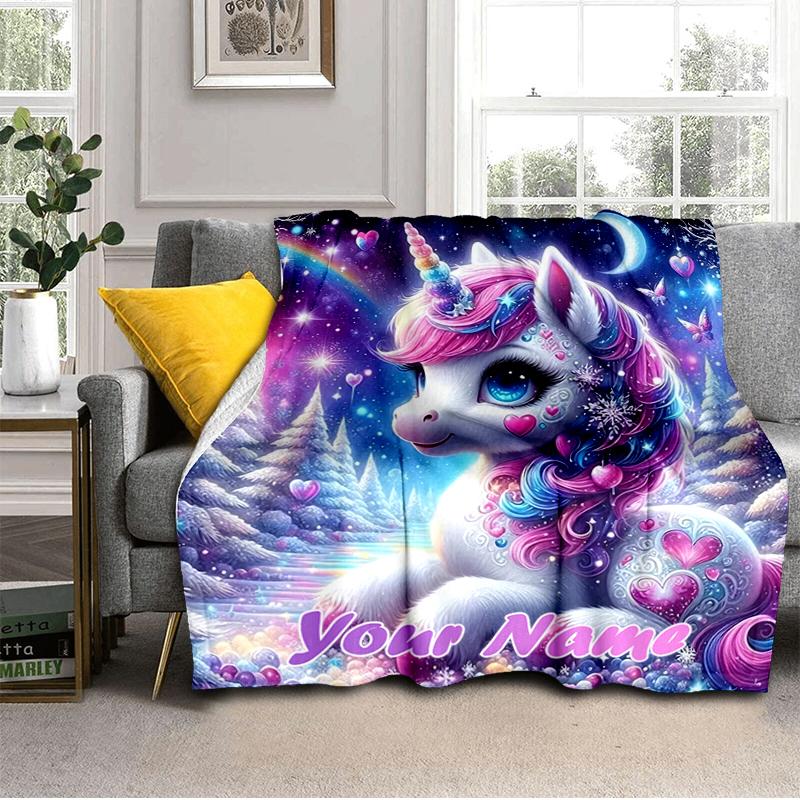 1PC Custom Name Magical Unicorn Fantasy flannel blanket versatile, all-season throw suitable for the living room, bedroom, camping, travel, and gift