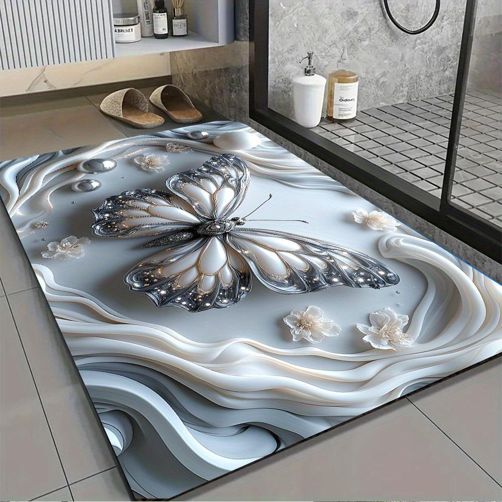 Rainbow Butterfly Bathroom Mat with Wavy Pattern Bathroom Entrance Decorative Absorbent Quick-Drying Floor Mat