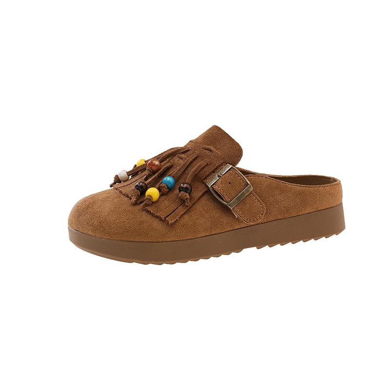 2025 Herbst Französisch Retro Baotou Erhöhte Halbschuhe Damen Ein-Pedal Lazy Weichsohlige Dickbesohlte Fransen-Slipper Damen