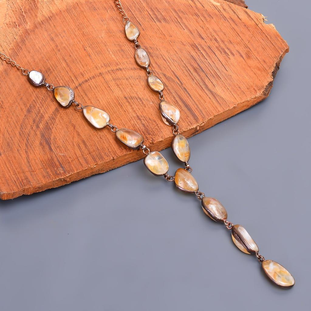 Natural Citrine Rough Copper Birthday Gift Chain Electroformed Necklace Jewelry V-20