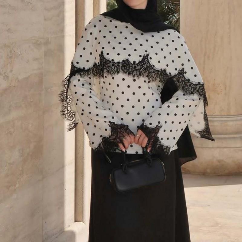 Womens Retro Long Sleeve Shirt Polka Dot Lace Patchwork Slim Fit Casual Top 2026
