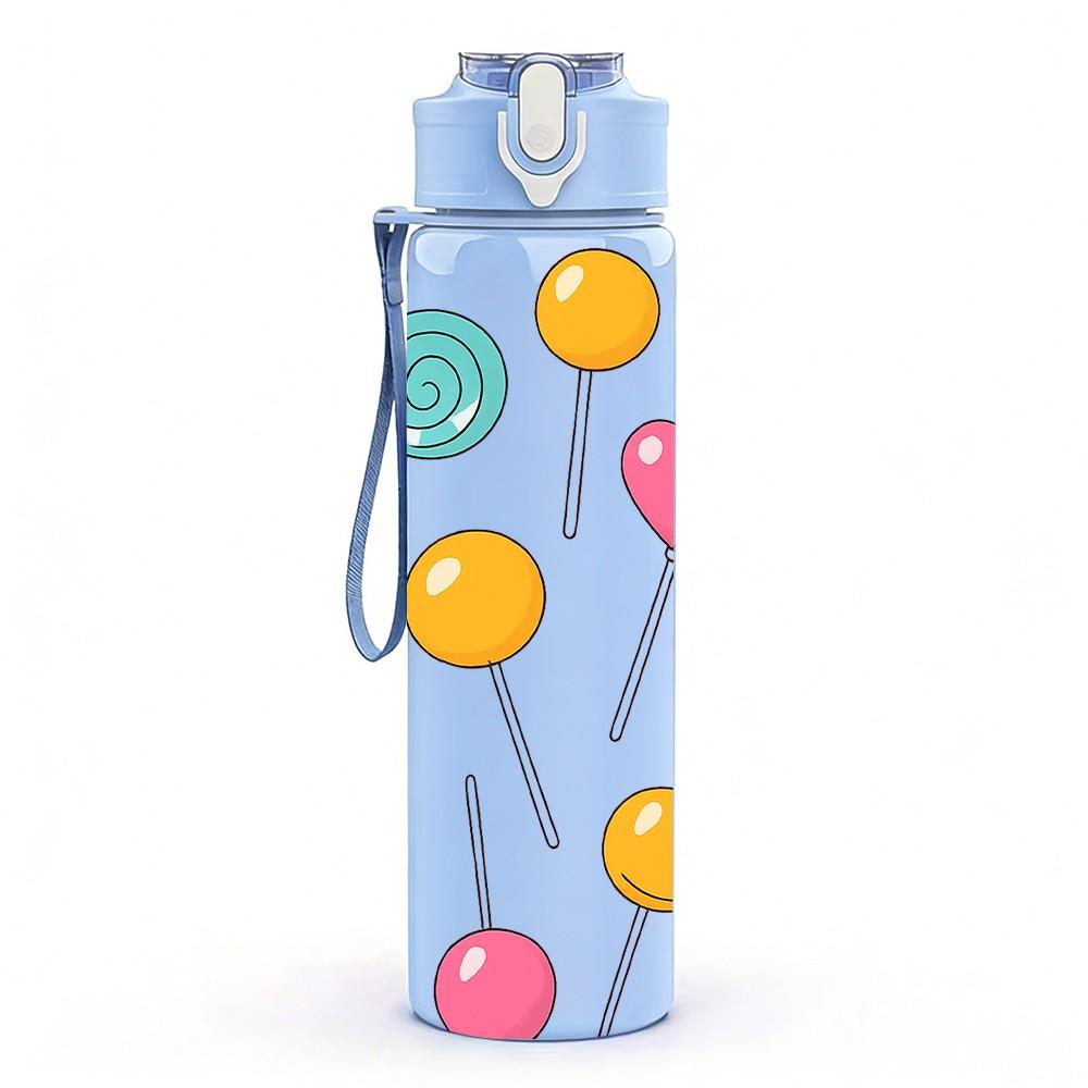 1PC Mixed Lollipop Candy Sweet Pattern 750ml Color Plastic Sports Water Bottle Leakproof Flip Straw Lid Suitable for Sports Office Home Use