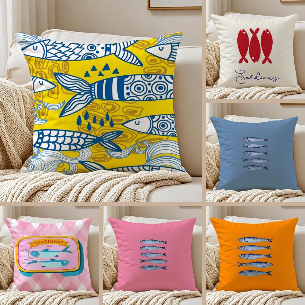 Cute Coastal Charm Sardines Art Design Cushion Cover Pillowcase Antidustmite Invisible Zipper Short Plush Sofa Cushion