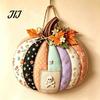 Seasonal Indoor Outdoor Sign Patchwork Pumpkin Wooden Door Hanger, Fall Harvest Halloween Decorative Maple Leaf Wreath with Leaves Berries, Farmhouse