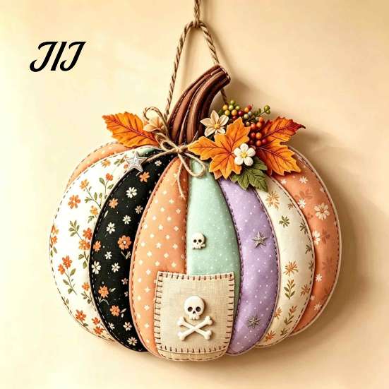 Seasonal Indoor Outdoor Sign Patchwork Pumpkin Wooden Door Hanger, Fall Harvest Halloween Decorative Maple Leaf Wreath with Leaves Berries, Farmhouse