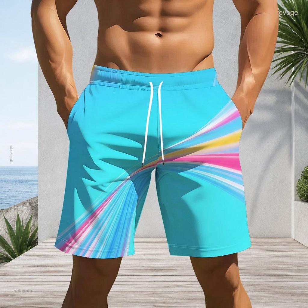 Men s Plus Size Cyan Multicolor Printed Beach Shorts Drawstring Waist Side Pockets Straight Leg